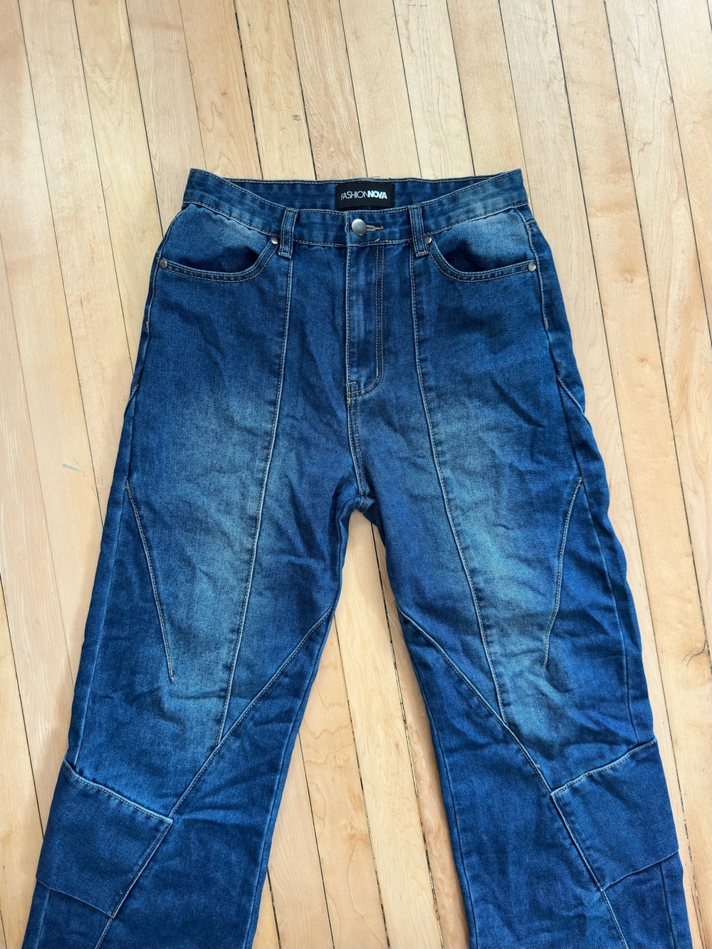 Fashion Nova patchwork denim jeans with a relaxed fit